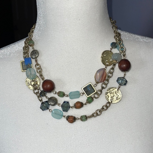 Three strand statement necklace gold, wood, blue - Picture 1 of 4